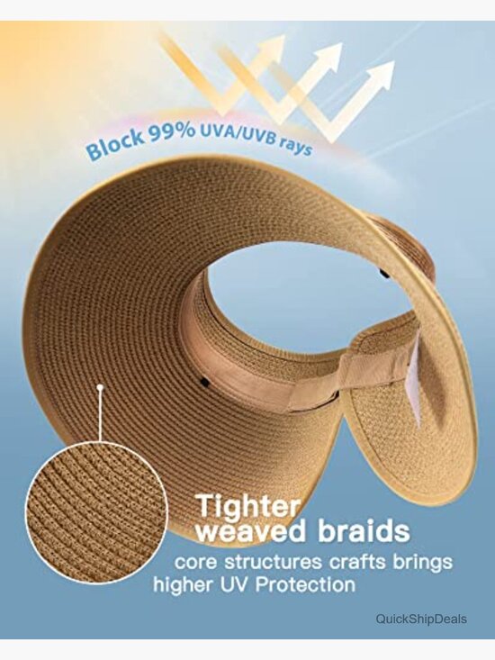 Wide Brim Straw Visor Sun Hat UPF 50+ Foldable Ponytail Summer Beach UV main image 3